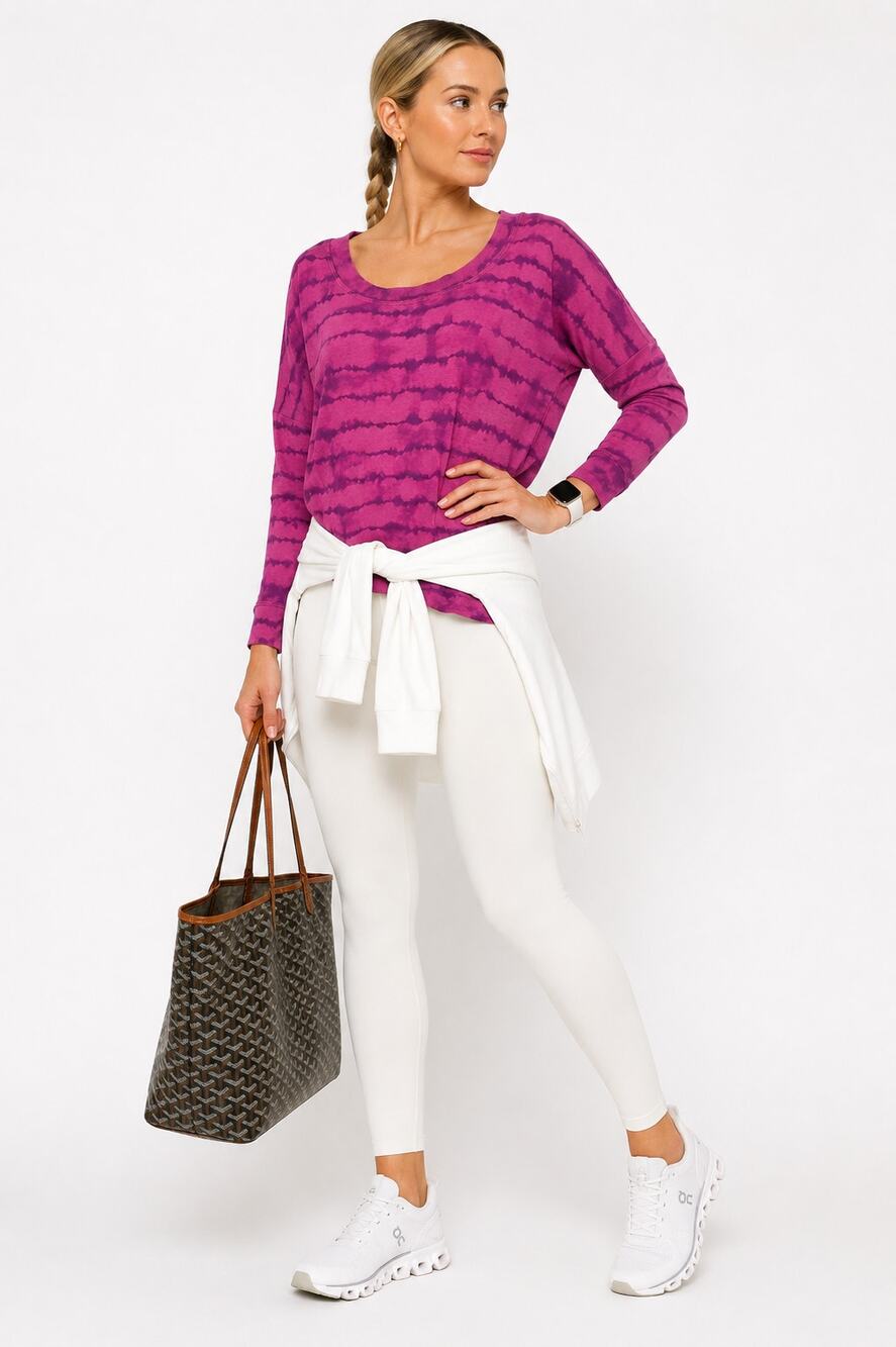 Athleta Coaster Luxe Top Large Pink Shibori Stripe Long Sleeve Soft Casualrge